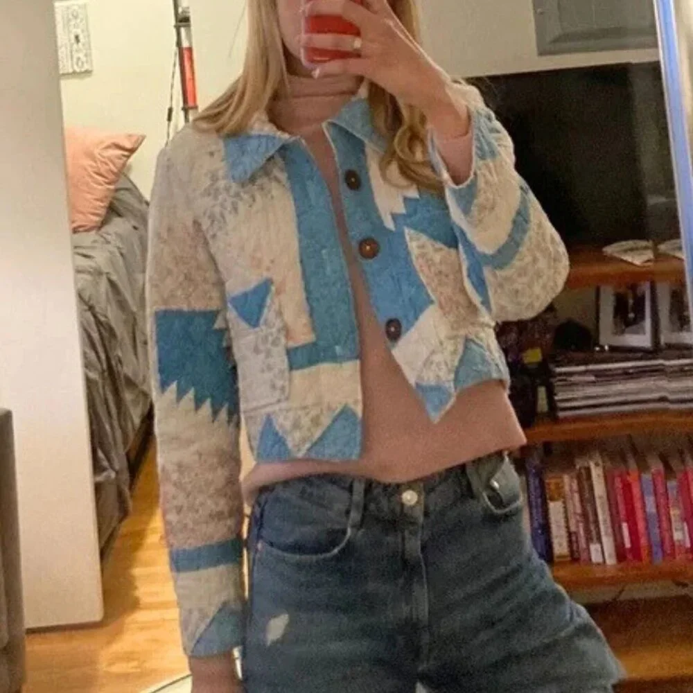 Vintage Patchwork Quilt Jacket Cropped Handmade Cottagecore Quilted Coat - Picture 4 of 5